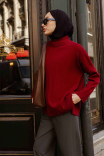 Maglione oversize a collo alto in maglia bordeaux