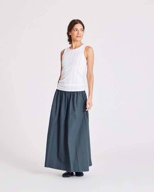 Gonna lunga Astrid in popeline di cotone biologico blu denim