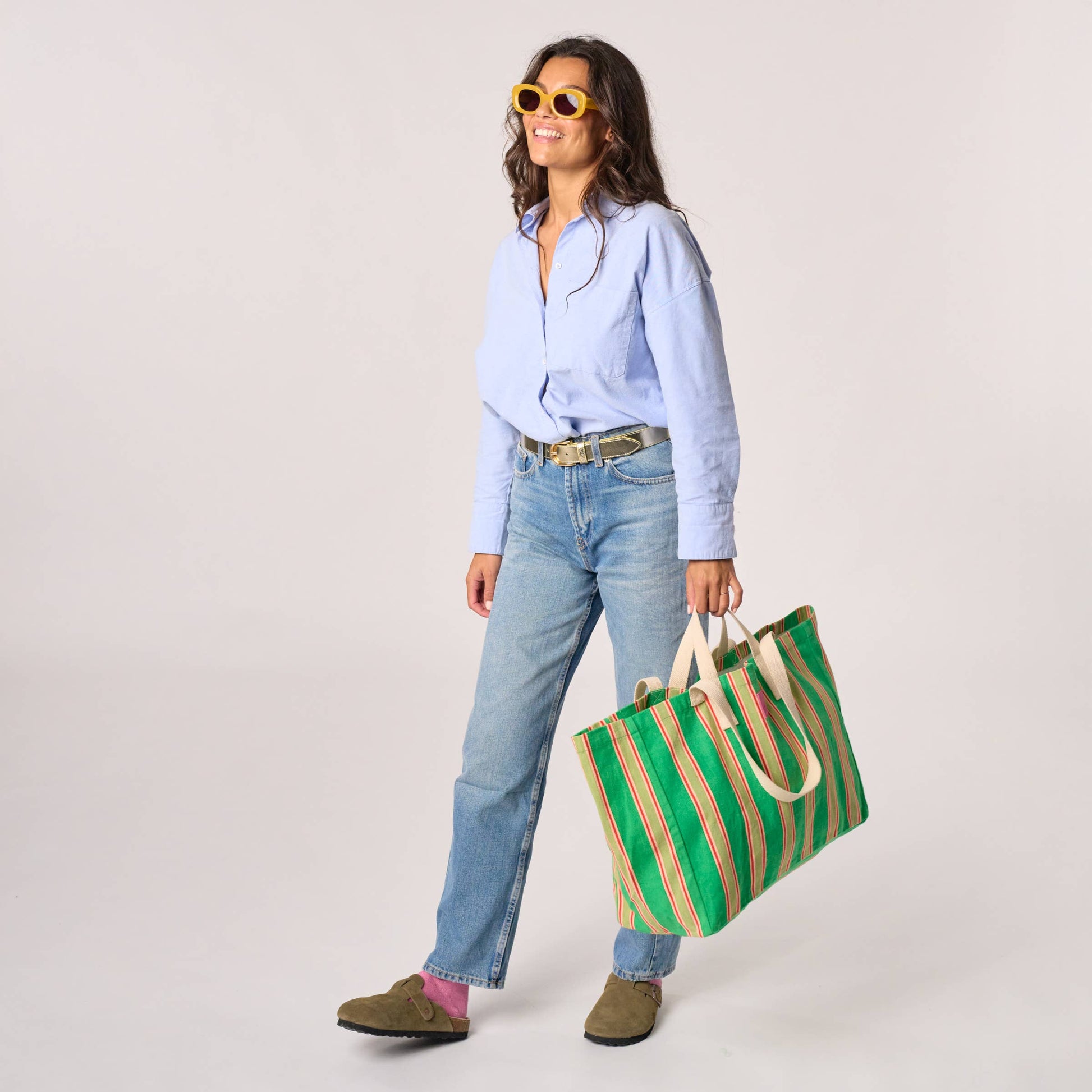 Borsa shopper a righe in cotone biologico verde