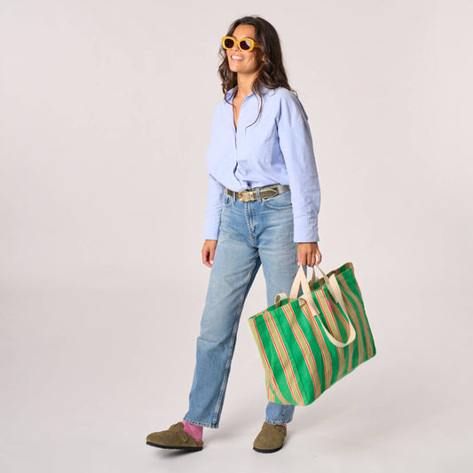 Borsa shopper a righe in cotone biologico verde