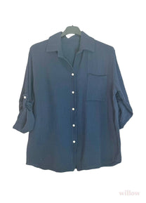 Camicia estiva verde in cotone e lino a maniche lunghe