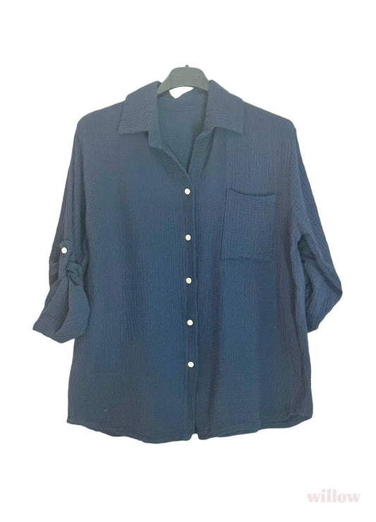 Camicia estiva verde in cotone e lino a maniche lunghe