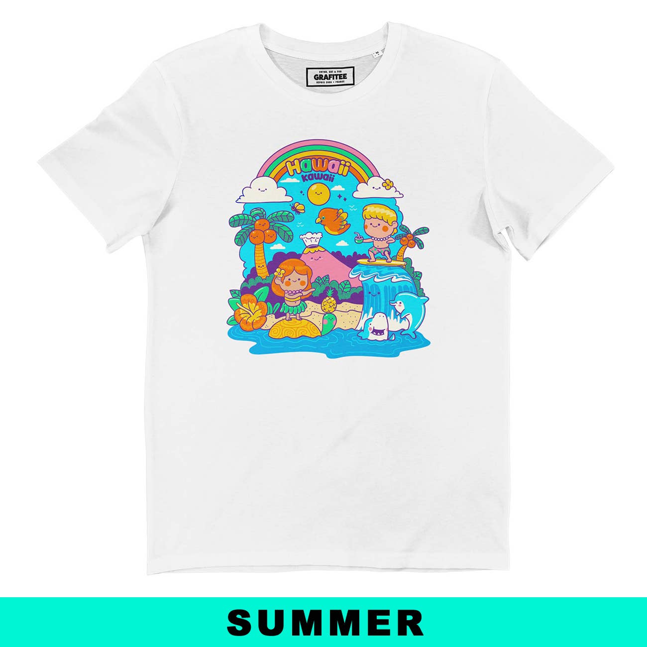 T-shirt unisex in cotone biologico con stampa Hawai Kawaii