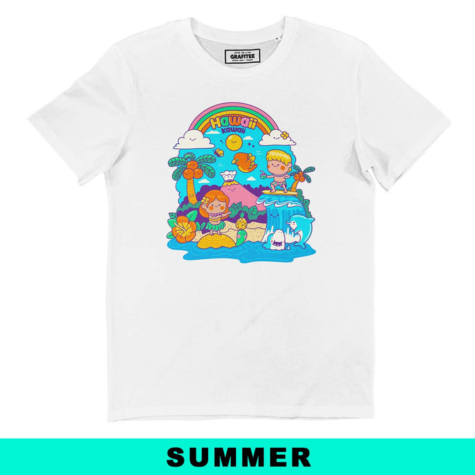 T-shirt unisex in cotone biologico con stampa Hawai Kawaii