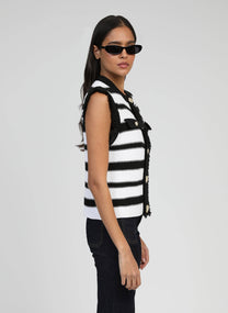 Cardigan smanicato a righe con bottoni gioiello