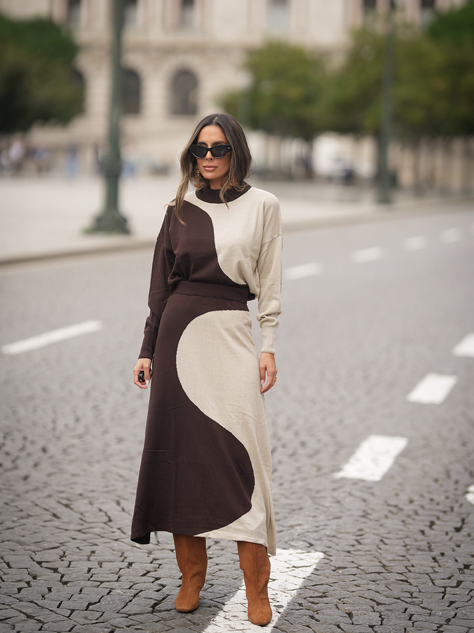 Set maglia e gonna lunga bicolore in maglia