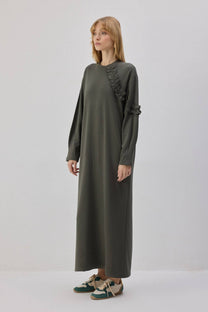 Abito in maglia lungo arricciato color cachi