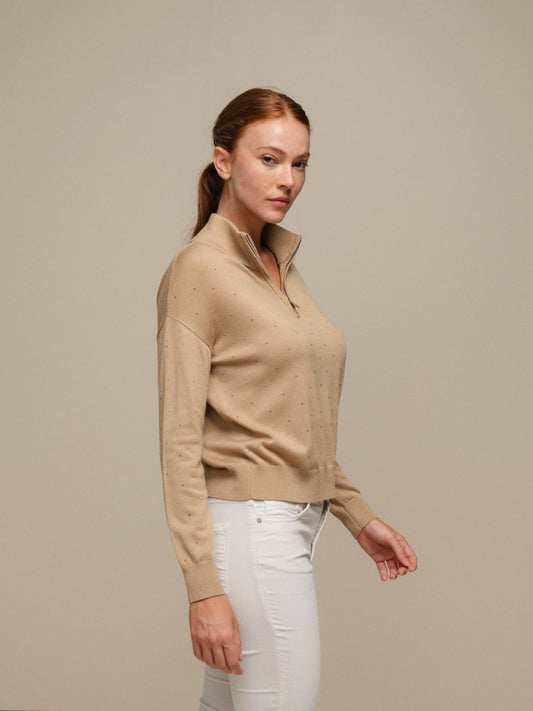 Maglione polo in maglia con zip e micro strass