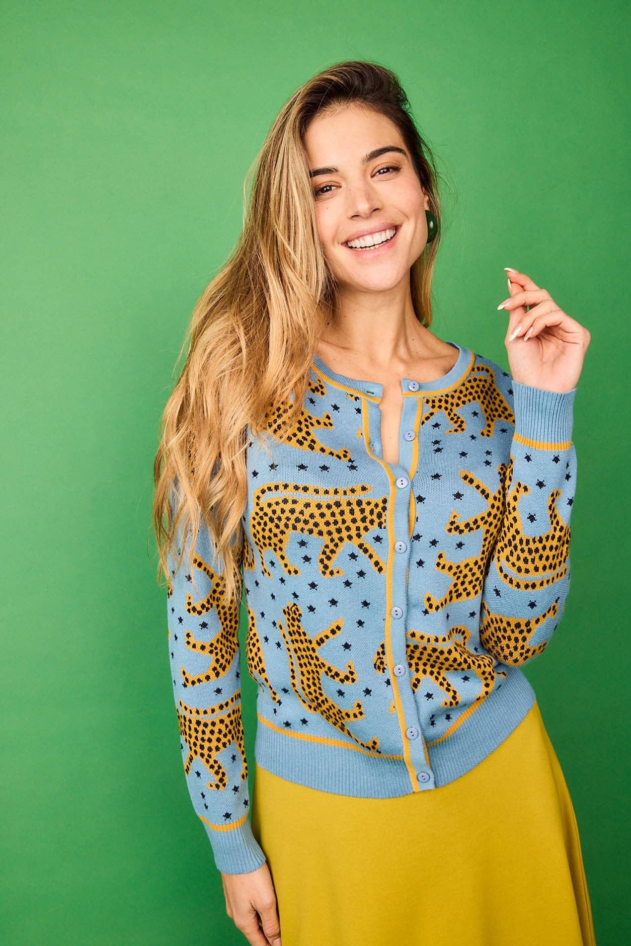 Cardigan blu con stampa leopardata