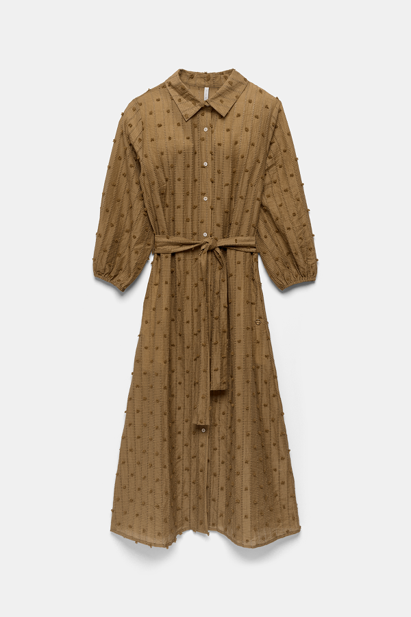 Abito camicia fantasia con maniche a palloncino e cintura a fiocco