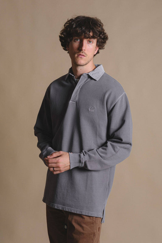 Maglione polo pesante tinto a pigmento in peltro