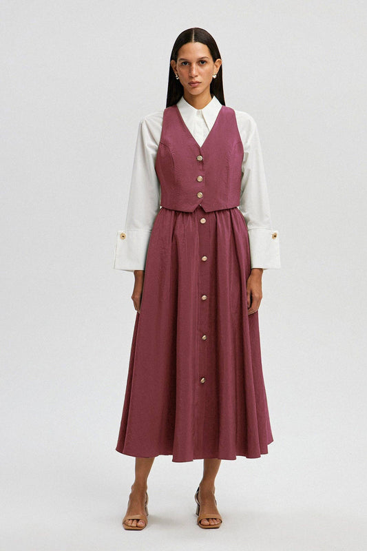 Set gilet e gonna midi in cupro rosa