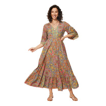 Abito lungo estivo boho multicolor con maniche a 3/4