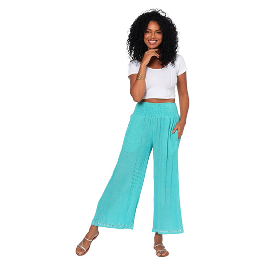 Pantaloni estivi culotte in cotone turchese