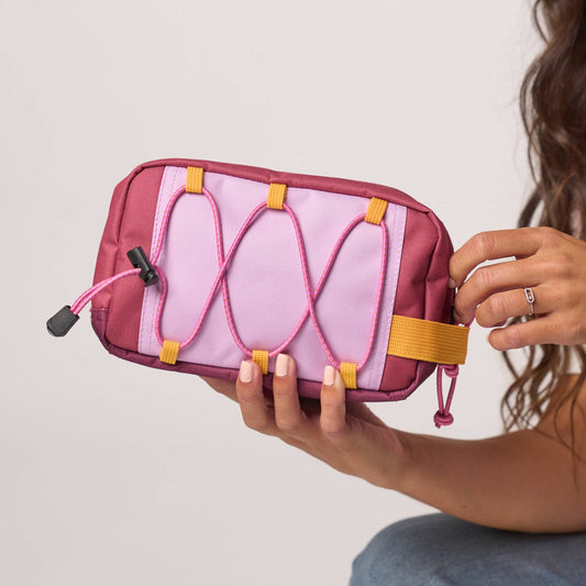 Astuccio da toilette in poliestere riciclato viola e bordeaux