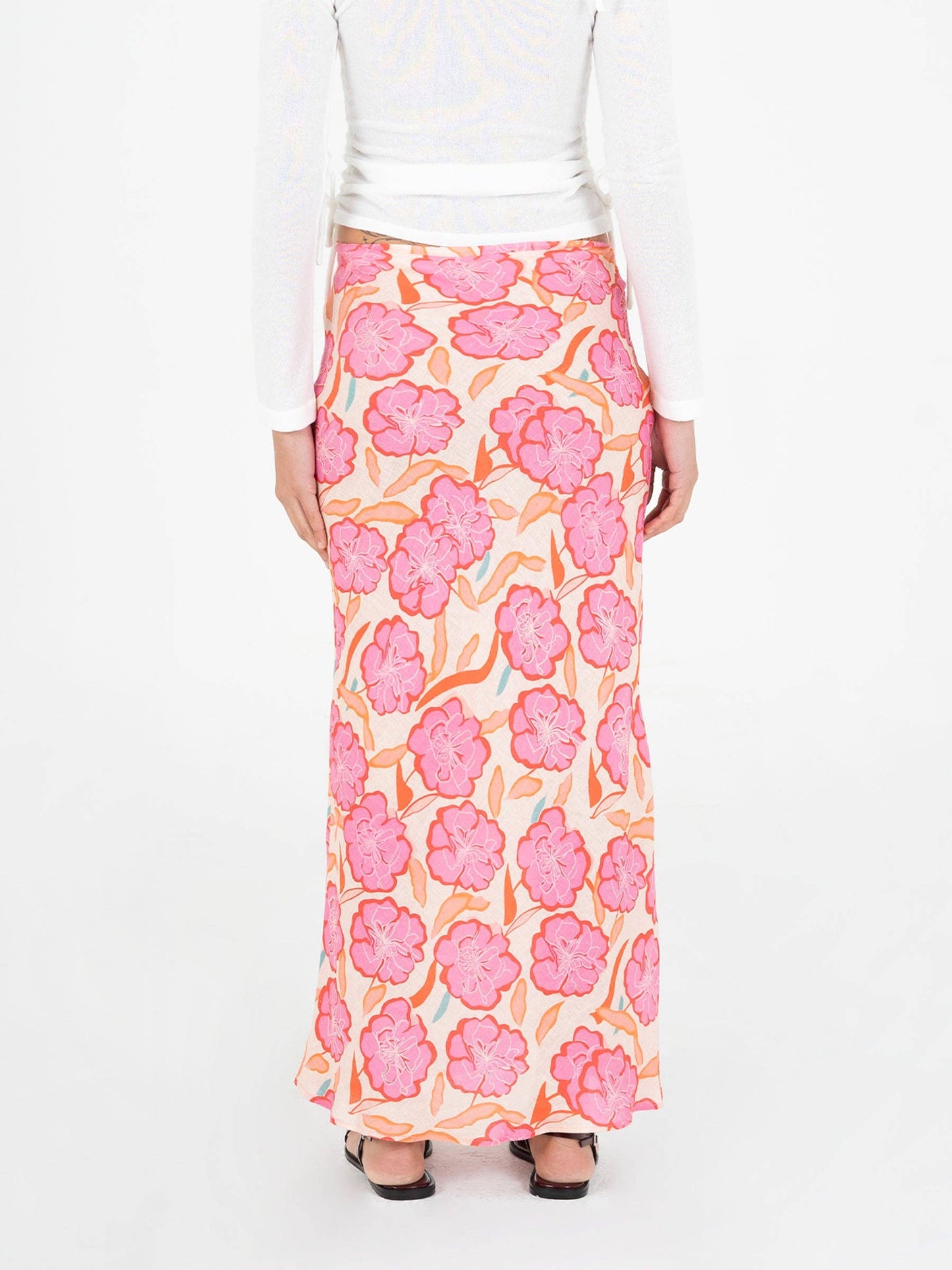 Gonna maxi floreale rosa in lino