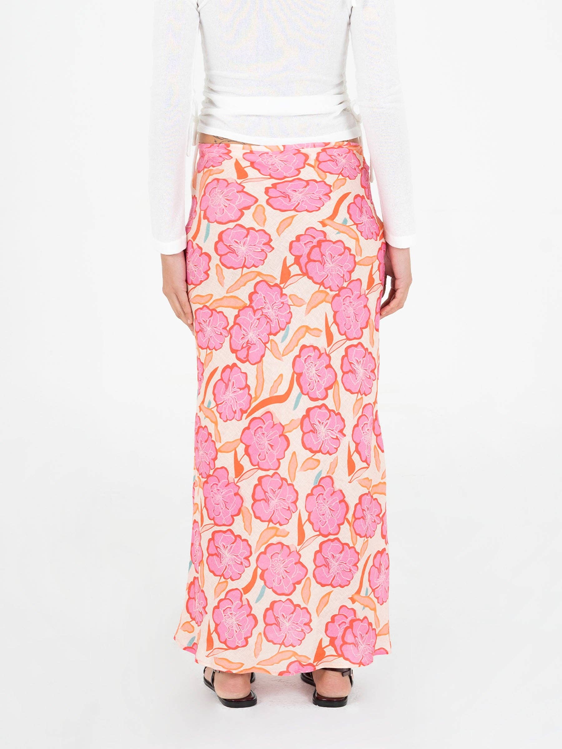 Gonna maxi floreale rosa in lino