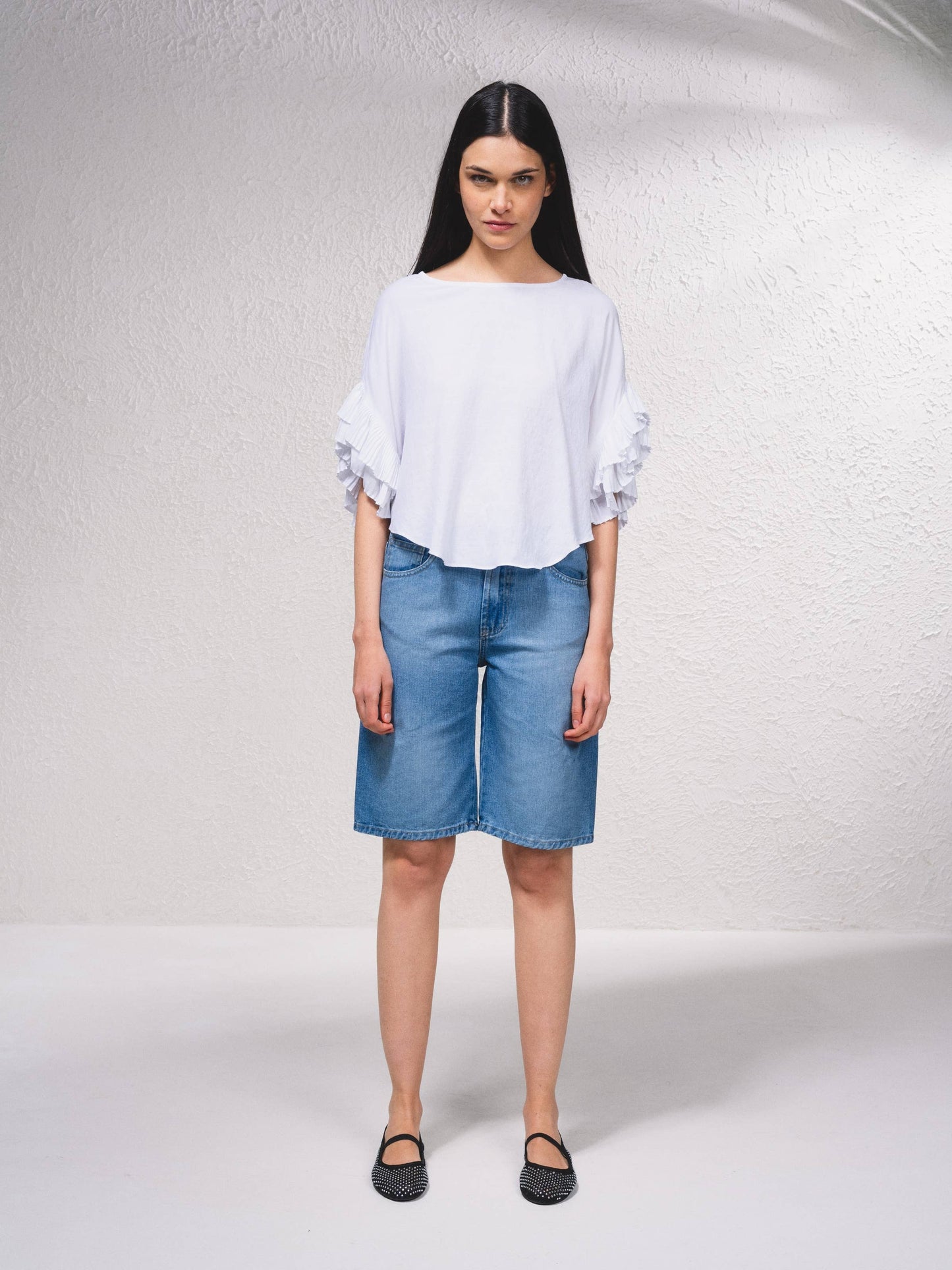 Bermuda in denim dritti vita alta