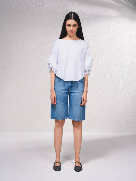 Blusa fluida con maniche a volant plissé
