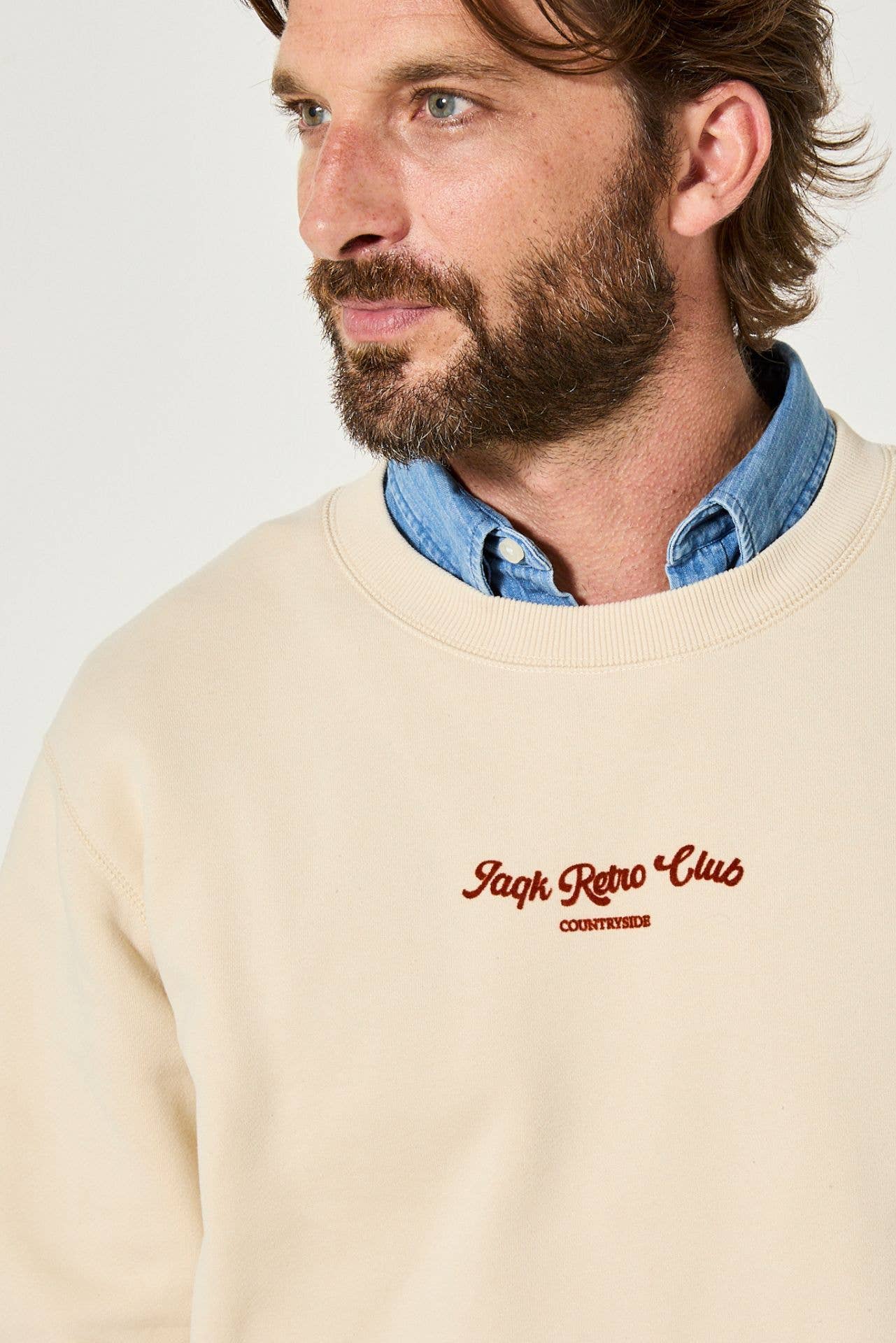 Felpa rétro beige in cotone con ricamo