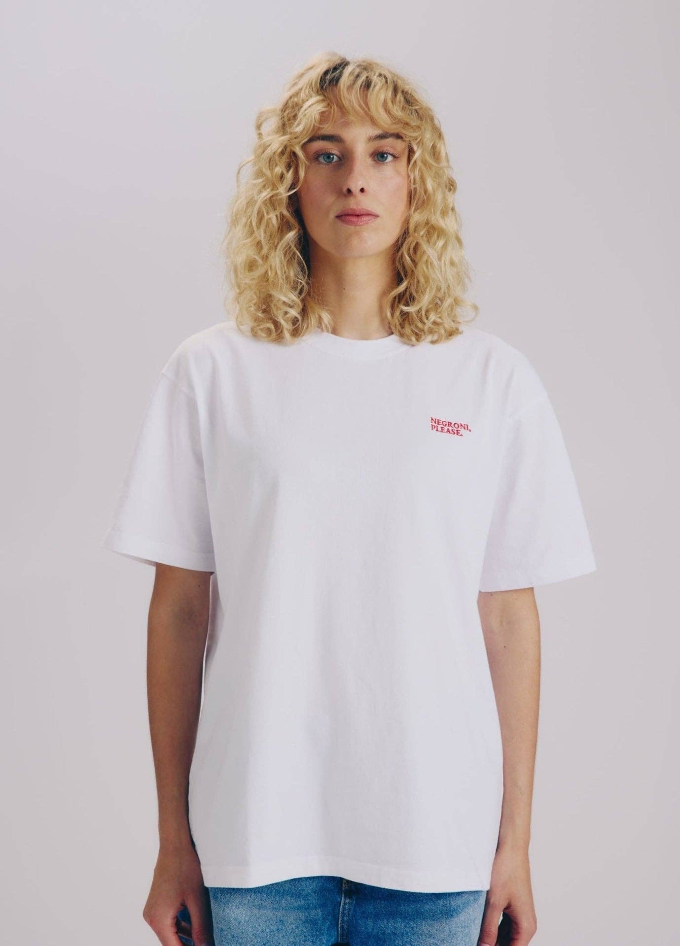 T-shirt bianca con ricamo “Negroni, please”