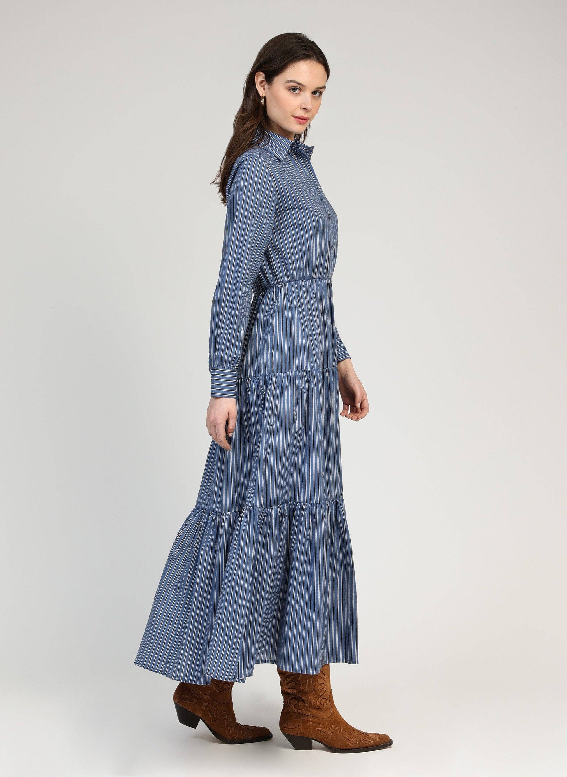 Vestito lungo chemisier a righe indigo