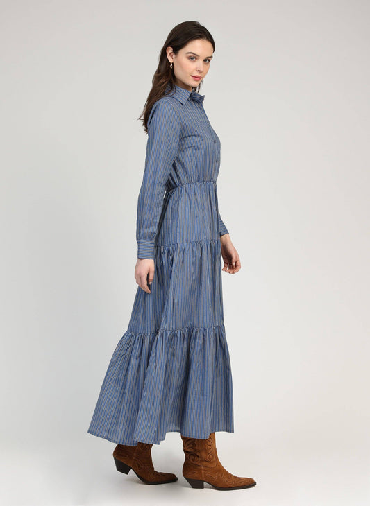 Vestito lungo chemisier a righe indigo