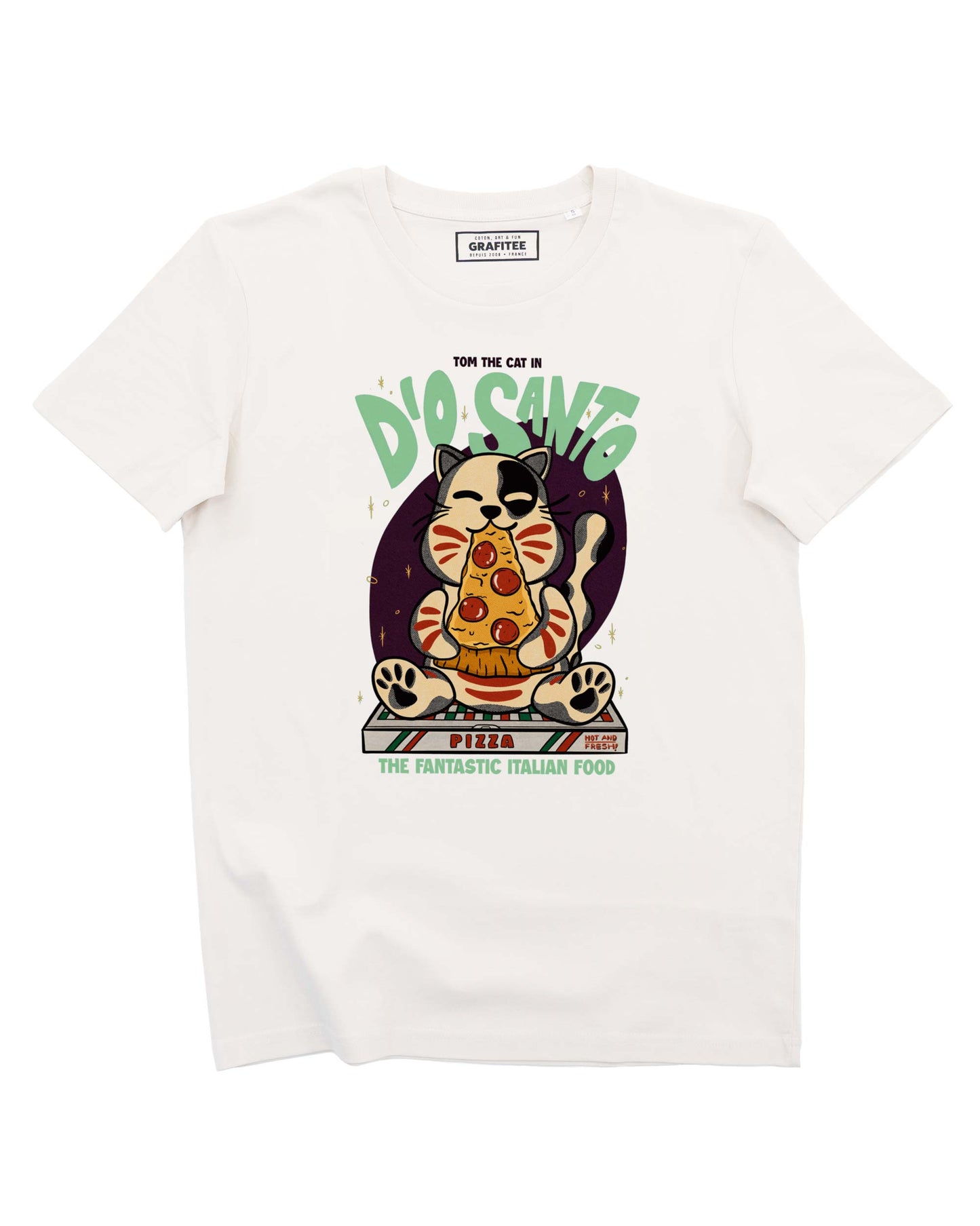 T-shirt unisex in cotone biologico con stampa gatto e pizza