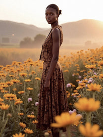 Gonna midi elegante in pizzo e velluto marrone