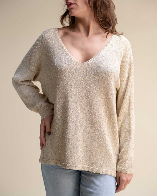 Maglione in tweed glitter con doppio scollo a V