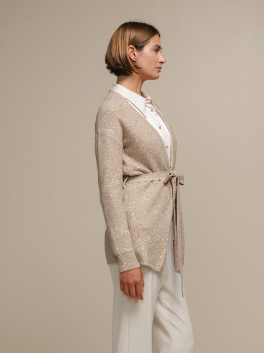 Cardigan in maglia con cintura e micro paillettes