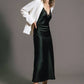 Abito midi in raso con pizzo e spalline sottili
