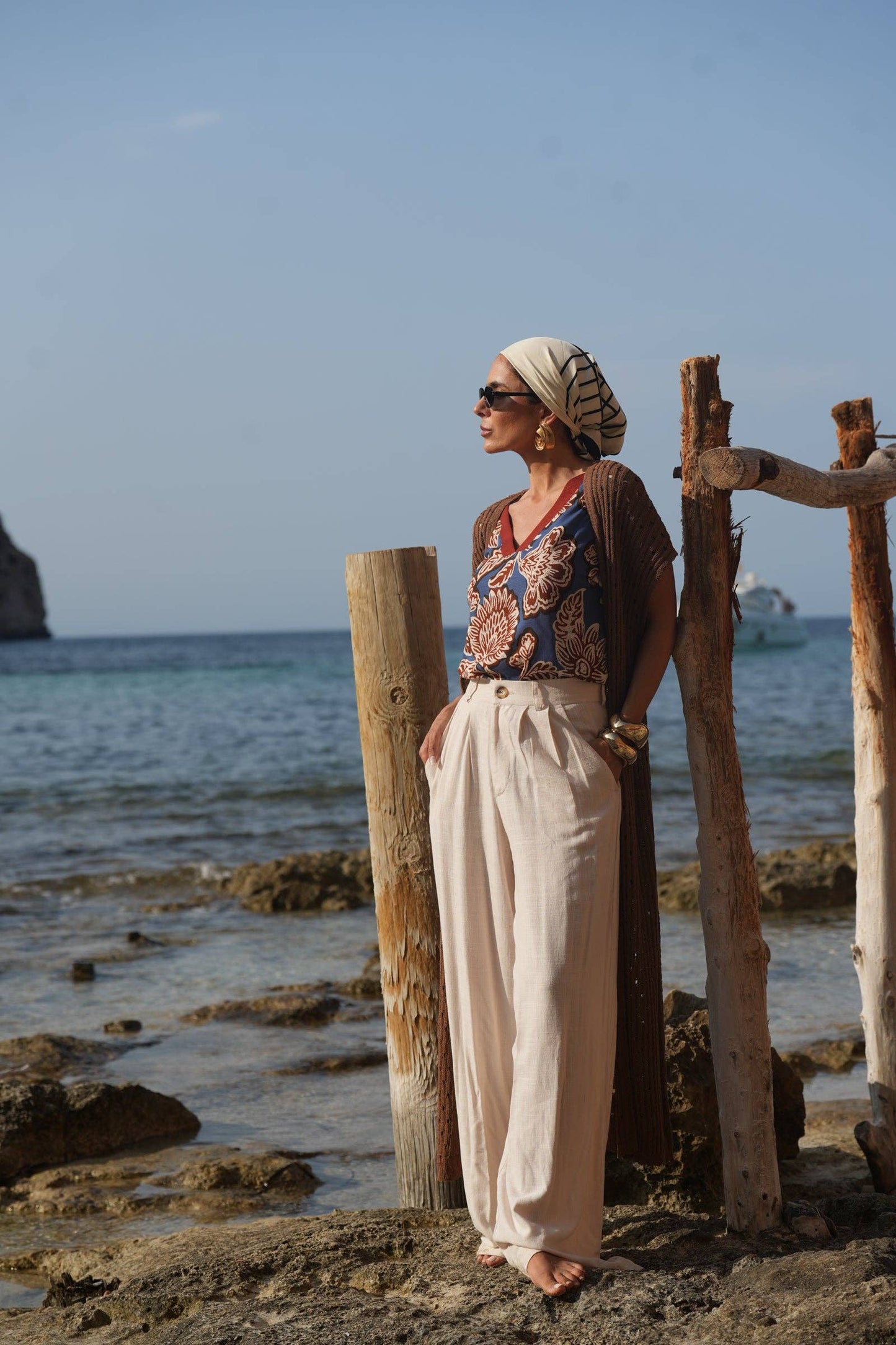 Pantaloni palazzo in lino e rayon