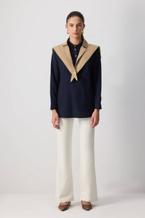 Tunica bicolor con maxi colletto in misto cotone