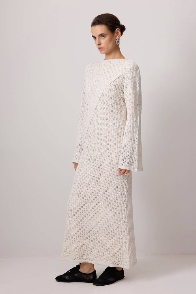 Abito maxi in cotone ricamato avorio