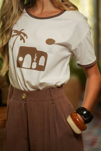 T-shirt stampata in cotone con profili a contrasto