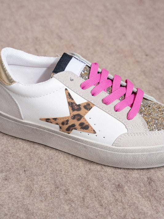 Sneakers platform con stella animalier e glitter