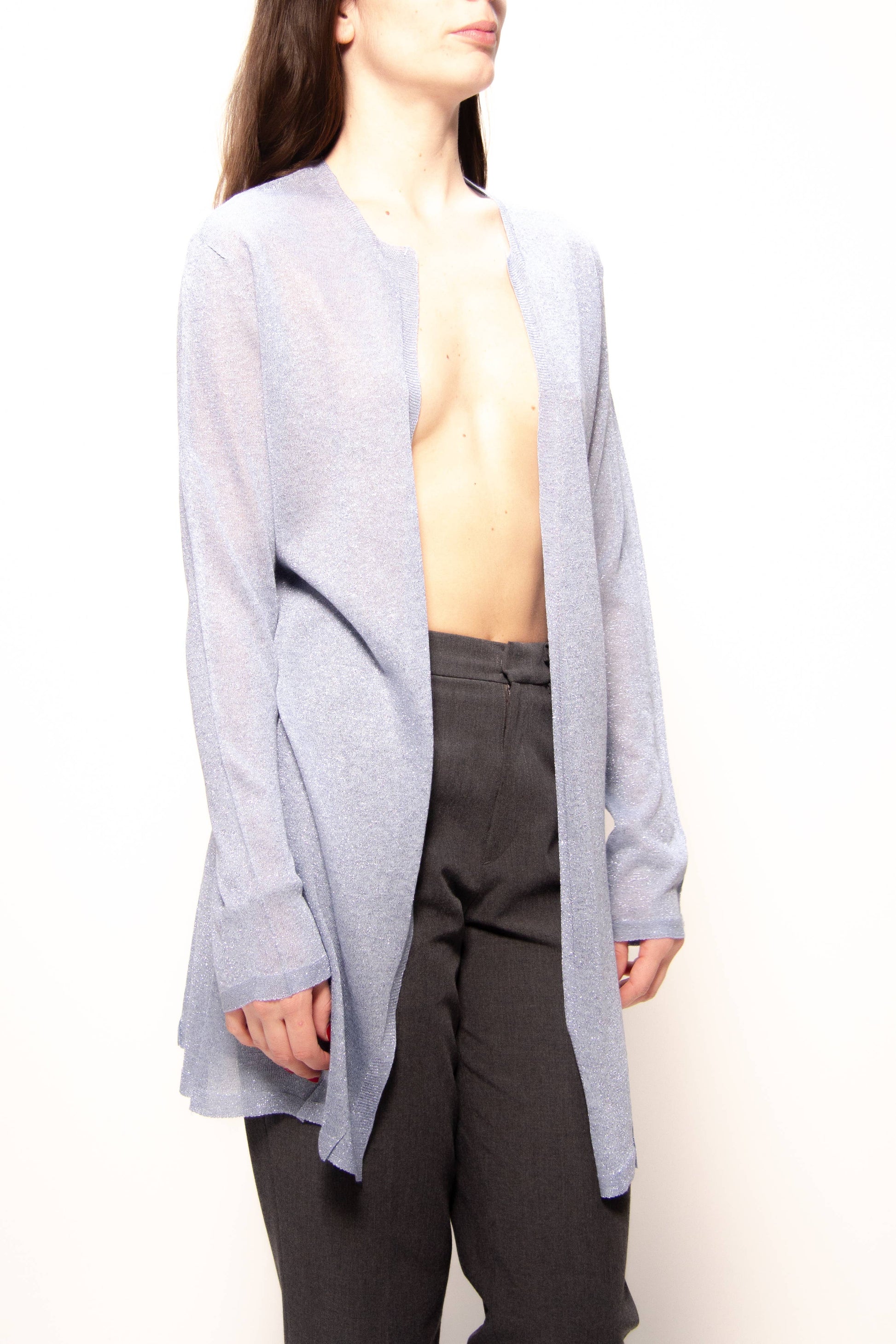 Cardigan lungo in lamé glitterato a maglia 3D