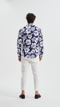 Camicia stretch a fantasia floreale blu