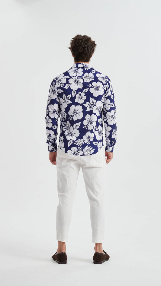 Camicia stretch a fantasia floreale blu