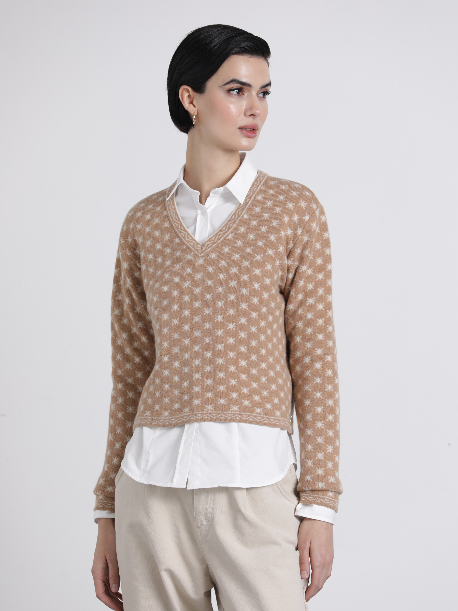 Maglione jacquard con scollo a V in lana e cashmere