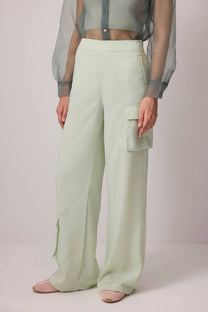 Pantaloni cargo a gamba larga in raso verde menta