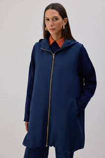 Gilet lungo con zip e cappuccio blu navy