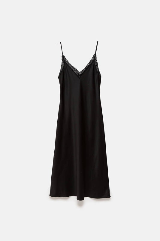 Abito midi in raso con pizzo e spalline sottili
