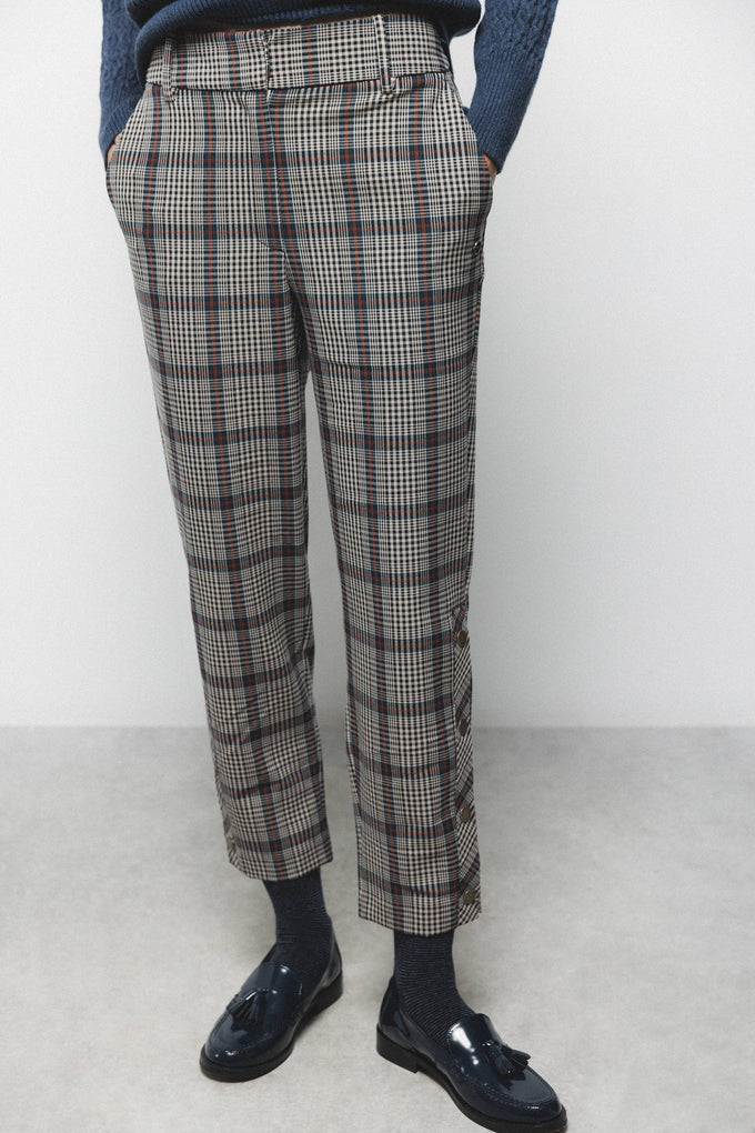 Pantaloni slim Principe di Galles con bottoni laterali
