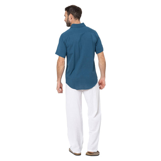 Camicia estiva uomo in lino e cotone petrolio a maniche corte