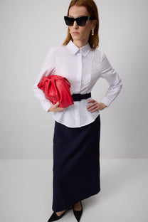 Abito camicia bicolore con cintura e peplo in misto cotone