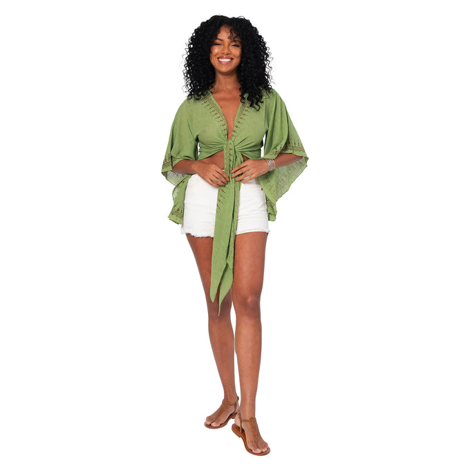Top crop estivo in cotone con fiocco