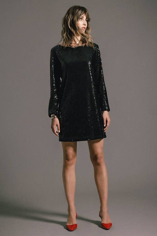 Abito nero con paillettes e maniche a tre quarti