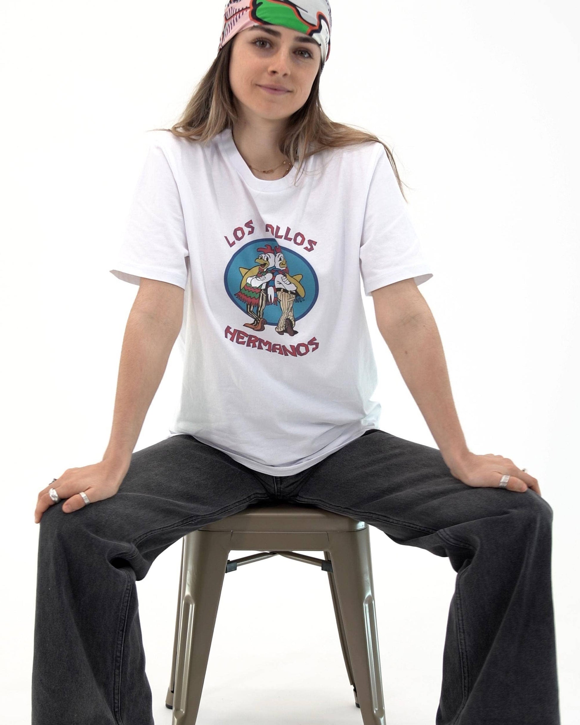 T-shirt unisex bianca con stampa Los Pollos Hermanos